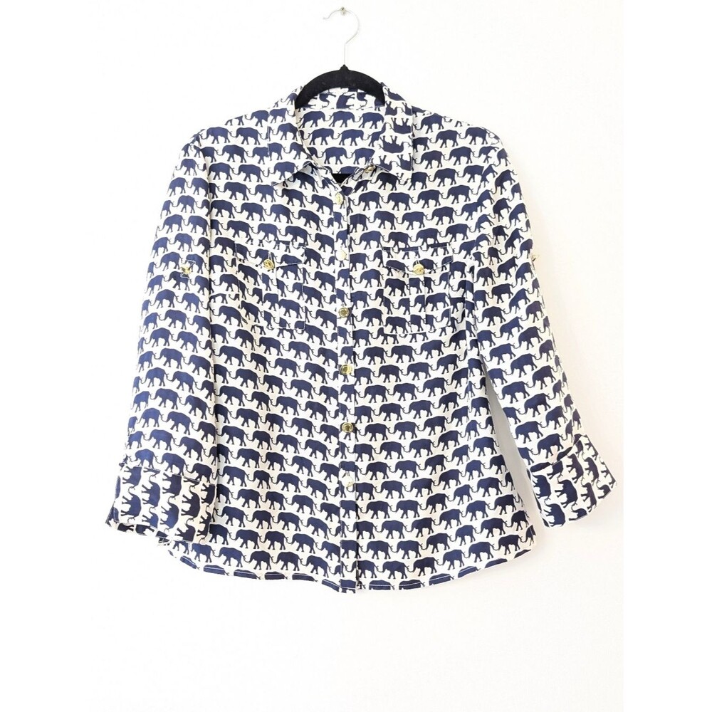 Elizabeth McKay elephant silk button down blouse size 6